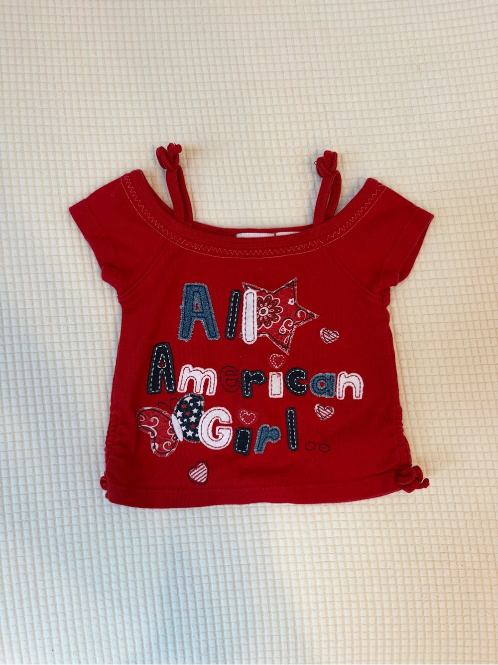Vintage “All American Girl” Patchwork Collage Print Off Shoulder Top